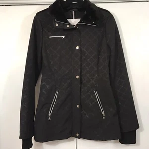 Jessica Simpson Black Sz Small Light Weight Jacket Coat Faux Fur Collar Zip/Snap - Picture 1 of 10