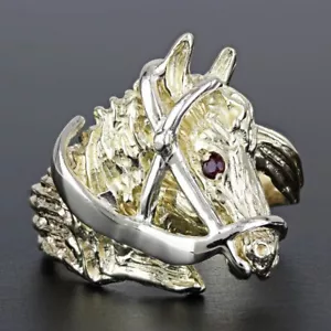 12K Yellow And White Gold & Ruby Eye Horse Head Equestrian Cowboy Cocktail Ring - Picture 1 of 5