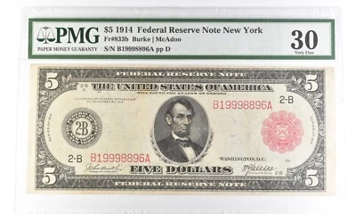 1914 $5 New York NY FRN Fr#833b Large Note Very Fine 30 PMG *5475 - Image 1 of 3