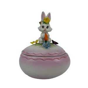 Lefton China Easter Egg Bunny Holding Carrot Pink Egg Trinket Box - Picture 1 of 10
