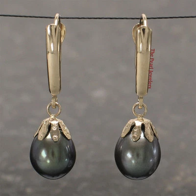 14K Yellow Gold Euro Back Black Pearl Dangle Earrings - Image 1 of 3