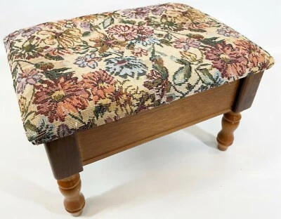 Vintage 15" Daisy Chrysanthemum Woven Jacquard Tapestry Storage Sewing Footstool - Image 1 of 4