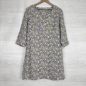 Boden Floral Linen Tunic Dress Women 8 L Gray Yellow 3/4 Sleeve V Neck Pullover - Picture 1 of 13
