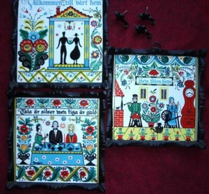 VTG 3 Cast Iron Framed Swedish Style Folk Painted Tiles Berggren Shelton Trayner - Picture 1 of 1