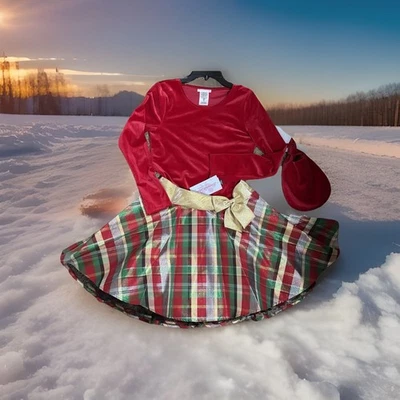 Bonnie Jean Girls Red Velvet Bodice Tartan Plaid Flair Skirt w Crinoline Edging - Image 1 of 4