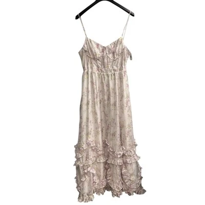 Vestido Altard State XL Blanco Púrpura Floral Satinado En Niveles Maxi Volantes Corsé Top Foto 1 de 4