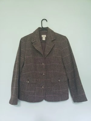 VTG LL Bean Blazer Womens S Brown Pink Herringbone Wool Silk Blend Old Money  - Image 1 of 4