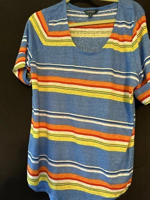 Camiseta para mujer Lauren Ralph Lauren talla grande de lino a rayas BM 2X Foto 1 de 4