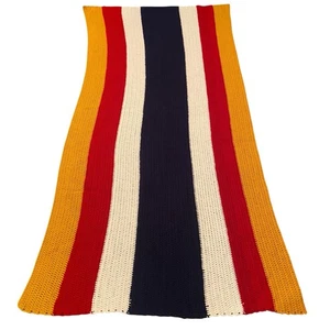 Handmade Crocheted MCM Striped Afghan Throw Blanket Blue Red Yellow White 38x81” - Picture 1 of 5