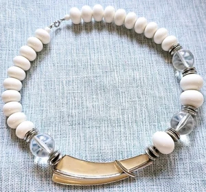 Trifari White Beaded Vintage Necklace With Asymmetrical Pendant 1980s Retro - Picture 1 of 3