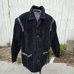 Herren Schwarz Wildleder Leder Quasten Gefüttert Mantel 2XL High Noon - Bild 1 von 14