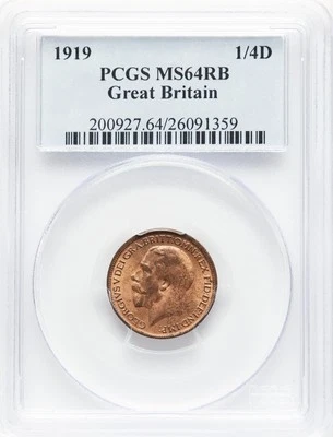UK - 1919 George V Farthing - PCGS MS64RB - SCARCE DATE - ONLY 1 FINER IN RB - Image 1 of 2