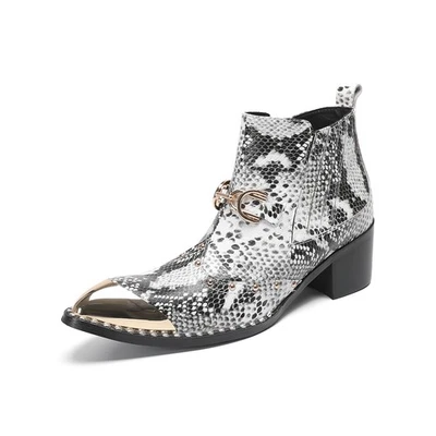 Botas Chelsea Británicas Para Hombre Puntera Punta de Metal Cuero Real Tobillo Estampado Piel de Serpiente Foto 1 de 4
