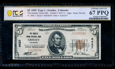 AC 1929 $5 Greeley Union National Bank Greeley, Colorado Ch #4437 PCGS 67 PPQ - Image 1 of 2