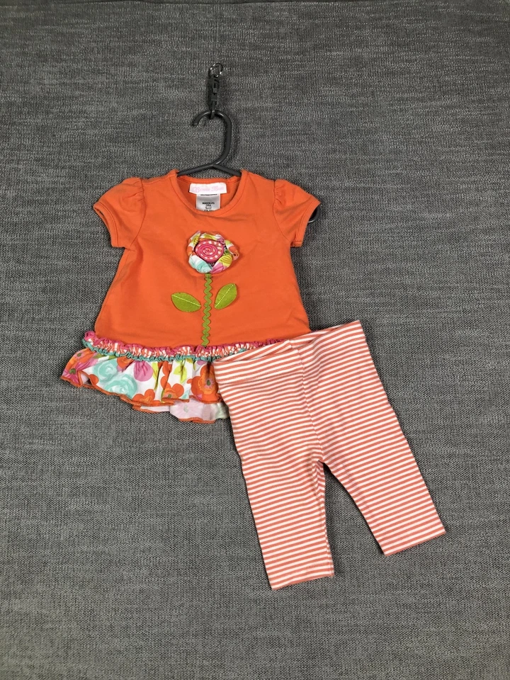 Bonnie Baby 2 Piece Girls Flower Shirt Striped Pants Set 6-9M Spring Outfit Set - Image 1 of 4