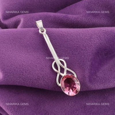925 Argento Rosa Naturale Tormalina Mamma Alla Moda Unico Artigianale Pendente - Immagine 1 di 4