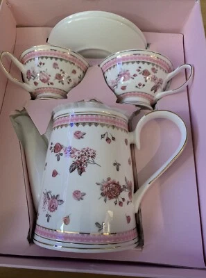 Shabby Chic Porcelain Teapot / Two Cups & Saucer Set Floral New In Gift Box - Image 1 of 4