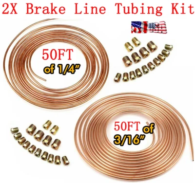 Steel Copper Brake Line Tubing Kit 3/16" 1/4" OD 50 Ft Coil Rolls + All Fittings - Image 1 of 4