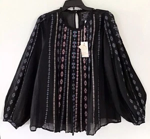 Johnny Was Black Calico Floral Embodied Long Sleeve Semi Sheer Tunic Top S NWT - Picture 1 of 3