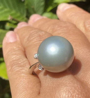 18K White Gold HUGE 16mm Light Gray Tahitian Pearl Diamond Ring Vintage Cocktail - Image 1 of 4