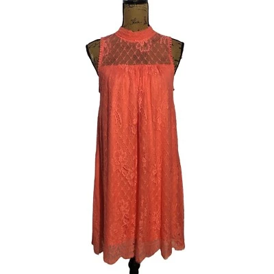 Hint Of Mint L Dress Coral Orange Lace Mock Neck Sleeveless Lined Pretty Work - Image 1 of 4