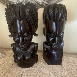 Vtg Hand Carved Ebony Wooden Tribal African Art Bust Statue Set Woman Man 17lbs - Picture 1 of 14