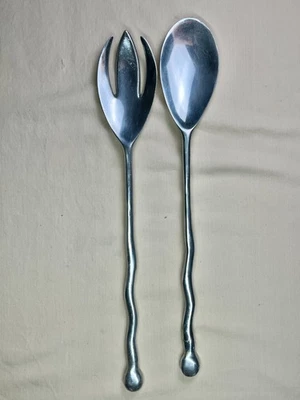 Vintage Pewter Salad Serving Spoon & Fork Set – Unique Wavy Handled Utensils - Image 1 of 4