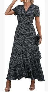PRETTYGARDEN New Womens Wrap Maxi Dress Boho Floral Short Sleeve Ruffle Hem XL - Picture 1 of 10