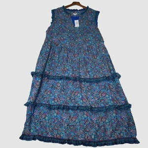 NWT J. Jill Coastal Ruffles Sleeveless Midi Dress Blue Paisley Floral Womens XL - Picture 1 of 12