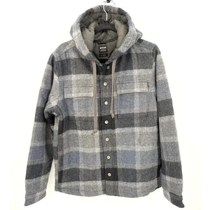 NWT prAna Men's Asgard Hooded Charcoal/Blue Flannel Plaid Button Shacket/Jacket - Picture 1 of 11
