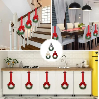 Christmas Kitchen Cabinet Wreaths With Plaid Bow Ribbon Hanging Cabinet Doors - Image 1 of 4