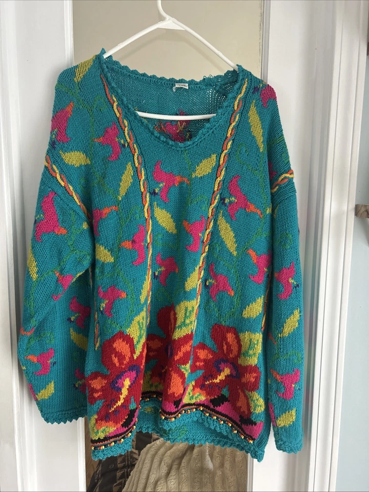 Suéter Vintage Para Mujer Tejido International Express Brillante Floral Talla L Foto 1 de 4