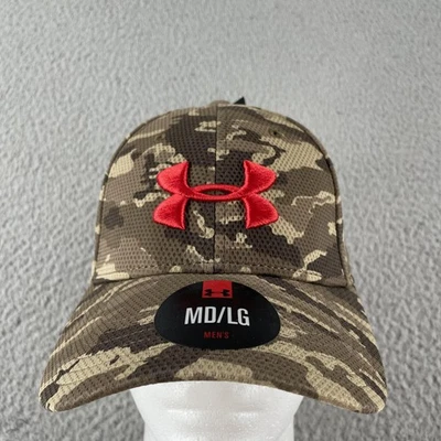 Under Armour Hat Cap Fitted Mens M/L Camo HeatGear Performance Red Logo - Image 1 of 4
