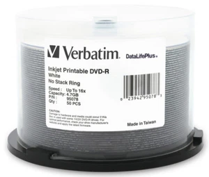 50-Pak Verbatim 16X WHITE INKJET (clear hub) DataLifePlus DVD-R, Verbatim 95078 - Picture 1 of 2