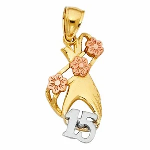 14K Gold Womens 15 Years Flower Hand Charm Rose Pendant Small For Necklace Chain - Picture 1 of 1