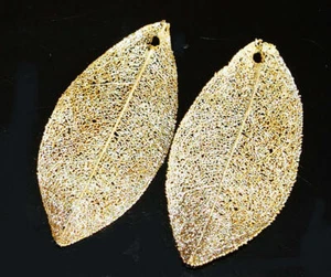 2 Vtg 24KT Gold Plate Leafs Pendants DIY Necklace Earrings 60mm - Picture 1 of 8