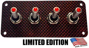 Limited Edition RED/BLACK Carbon Fiber 4 Toggle Switch Panel - RED LED Switches - Picture 1 of 4