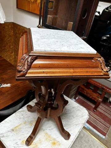Antique Parlor Side Table Victorian Eastlake Walnut Carved End Square Marble Cover
