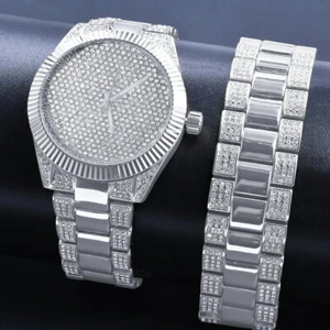 Men's White Gold 2 Tone Watch Bling Simulated Diamond Hip Hop Bracelet Gift Set - Picture 1 of 5