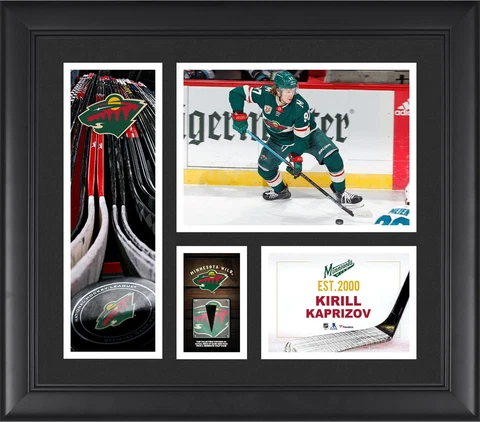 Kirill Kaprizov Wild FRMD 15" x 17" Player Collage with a Piece of GU Puck Cover