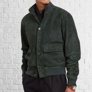 New Men's Sheepskin Green Suede Leather Jacket Biker Handmade Party Wear Coat - Picture 1 of 4