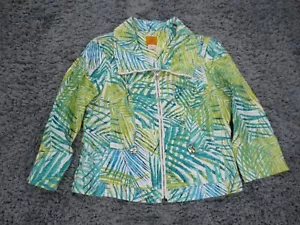 Ruby Rd. Jacket Womens 10 Bright Green Floral Linen Rayon Full Zip Mock Neck - Picture 1 of 12
