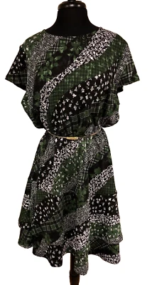 Vestido para mujer Michael Kors talla grande 2X estampado mixto con volantes calce y acampanado verde Foto 1 de 4