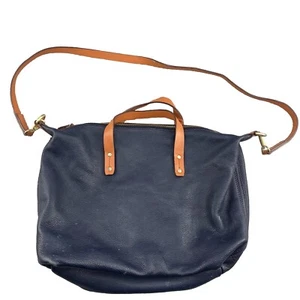 Gap Leather Shoulder Bag Womens Large Blue Gray Canvas Multi Pocket Travel Gym - Picture 1 of 17