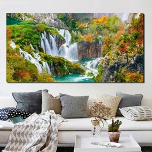 Canvas Painting Waterfall View Landscape Wall Art Nature Lake Posters Prints Art - Picture 1 of 2