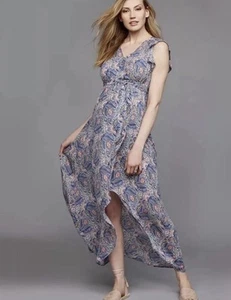 Ella Moss Women’s Pink Blue Floral Chiffon V~Neck Faux Wrap Maxi Dress Size L - Picture 1 of 9