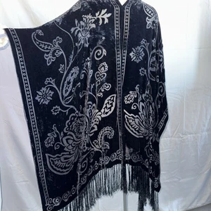 ART TO WEAR BLACK VELVET BURNOUT LONG WITCHY FRINGE KIMONO JACKET BOHO OS - Picture 1 of 17