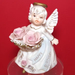 Lefton Happy Birthday Angel With Pink Flowers Bisque Finish #530 - Picture 1 of 5