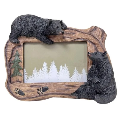 Black Bear Tabletop Picture Frame – Rustic Lodge Wildlife with Wood Background - Image 1 of 4