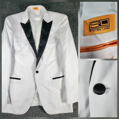 NWOT White Tuxedo Jacket Black Satin Peak Lapel Steven Land 1-Button Formal 42R - Image 1 of 4